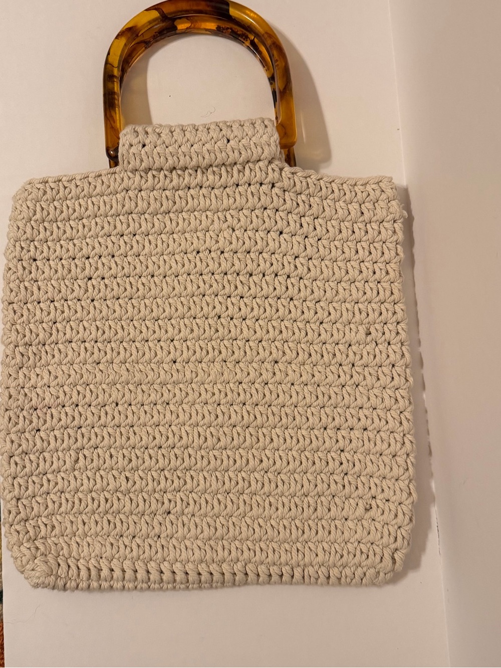 Beige Crochet Tote Bag with Tortoiseshell Handles - Women Bags
